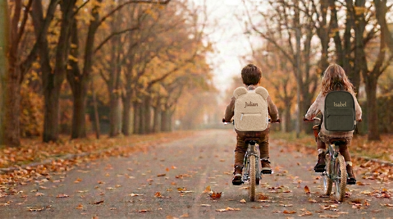 Twee kinderen met een Kidslabel-rugzak fietsen naar school in de herfst