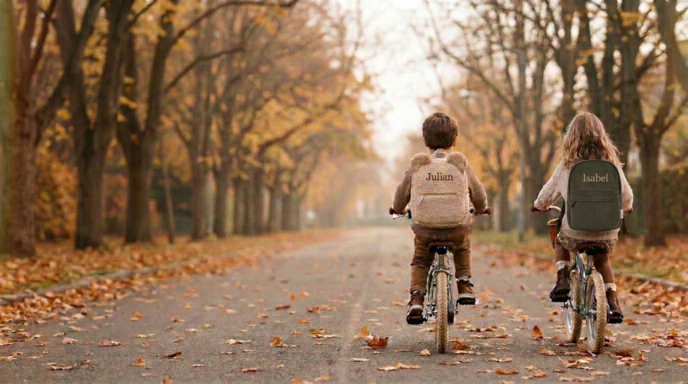 Twee kinderen met een Kidslabel-rugzak fietsen naar school in de herfst